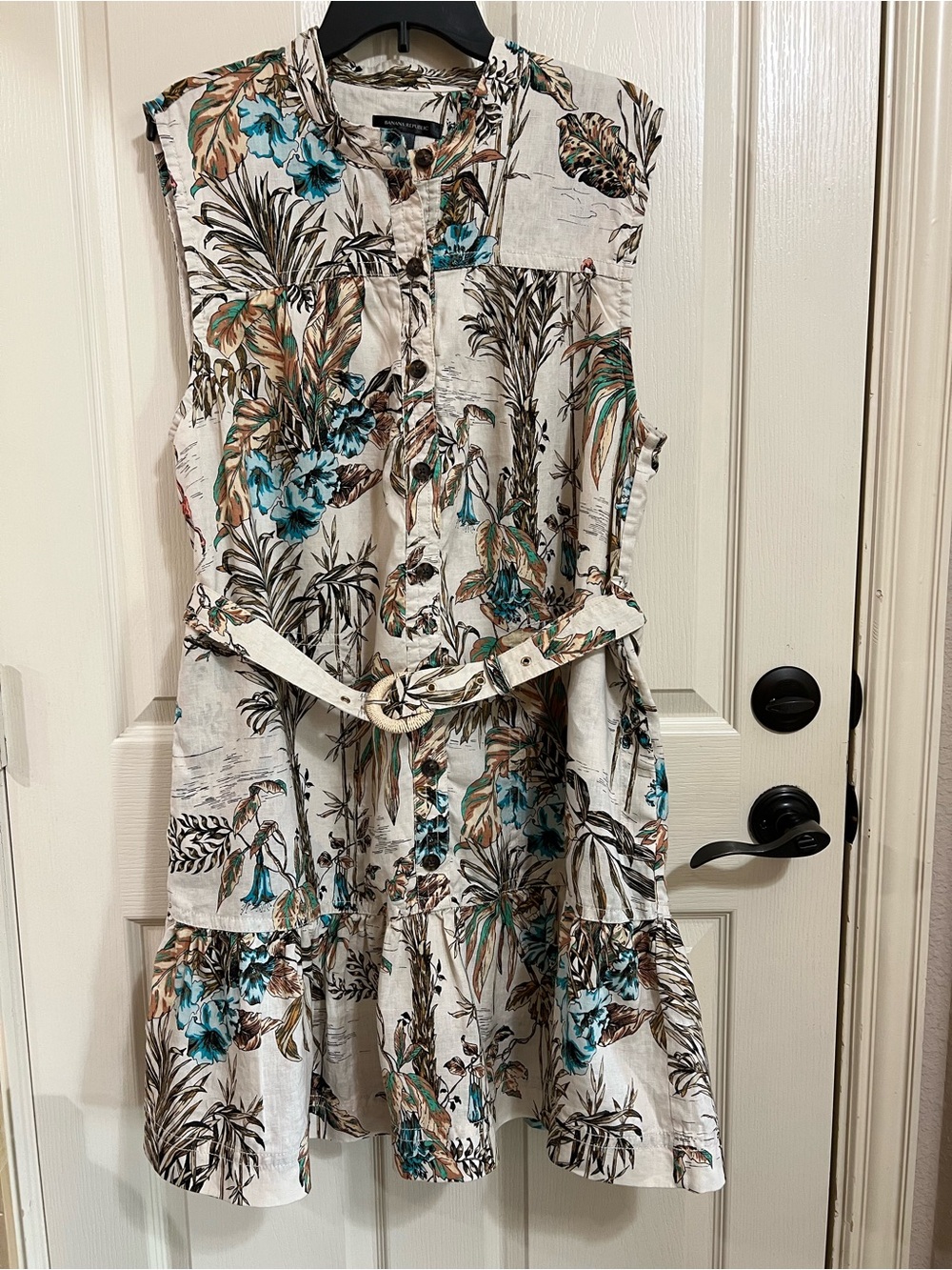 Banana Republic Cream Tropical Print Midi Dress with Teal Accents